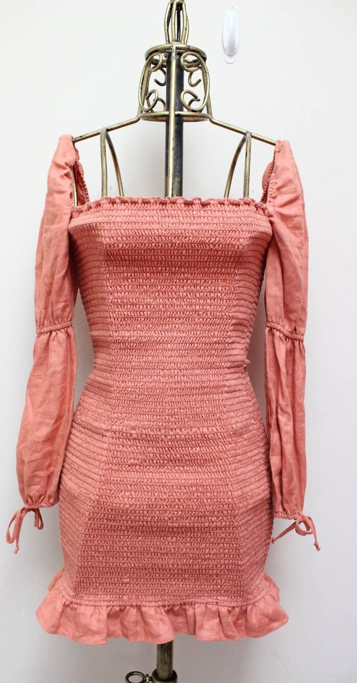 Reformation Salmon Coral Hilary Smocked Long Sleeve Linen Dress Size Medium